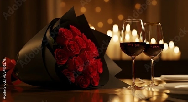 Fototapeta a single bouquet of red roses wrapped in black paper sits on a dinner table next to wine glasses.