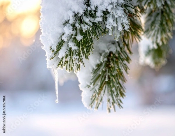 Fototapeta Pine tree branch blanketed in snow with small cones hanging in a winter wonderland setting