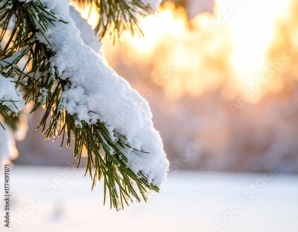 Fototapeta Pine tree branch blanketed in snow with small cones hanging in a winter wonderland setting