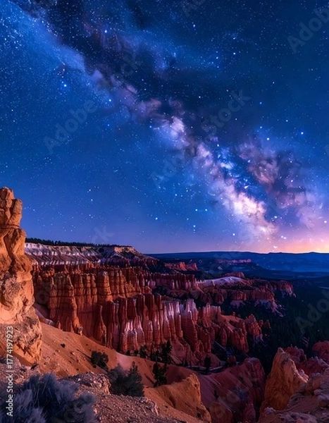 Fototapeta A breathtaking landscape photo captures a starry sky over unique rock formations illuminated by soft light. The Milky Way dominates