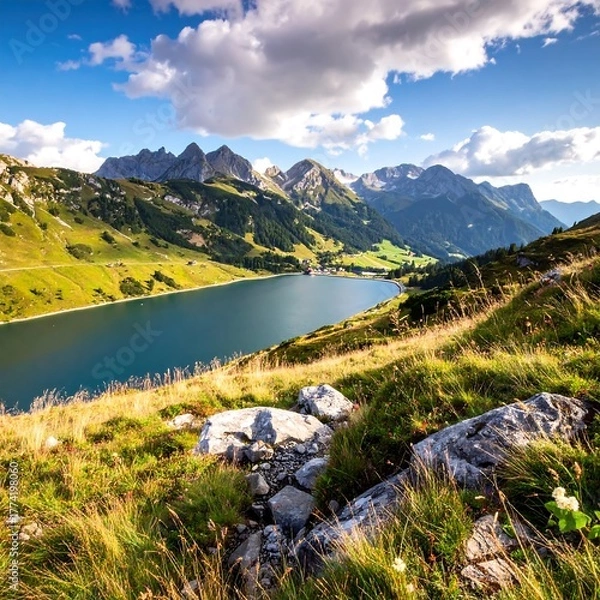 Obraz A breathtaking landscape with a large lake nestled among majestic mountains under a cloudy, blue sky. Lush green hills in the foreground