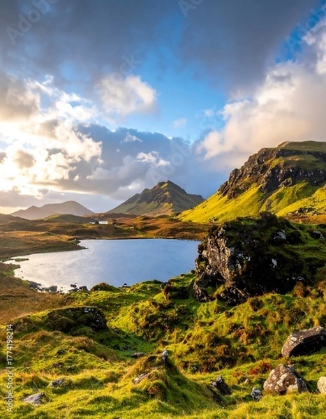 Obraz A breathtaking landscape with a tranquil lake nestled beneath dramatic, cloud-filled skies and rolling green hills. Mountains loom in the background