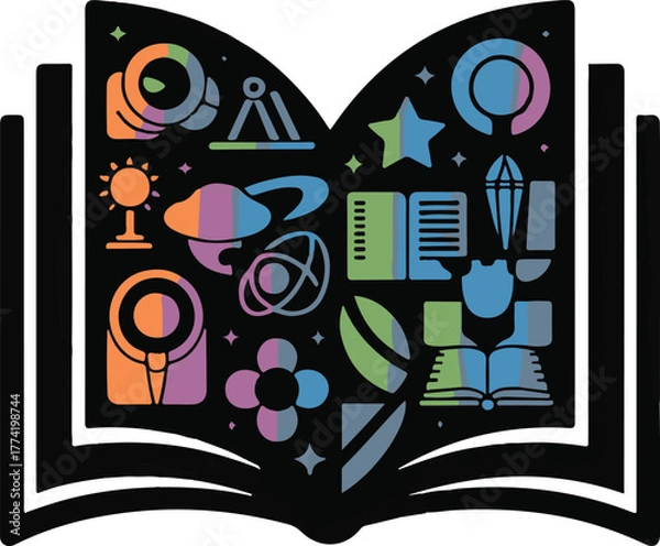 Obraz Open Book with Colorful Icons Representing Science, Education, and Discovery