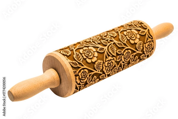 Fototapeta Wooden rolling pin with an embossed rose floral pattern for baking on a transparent background
