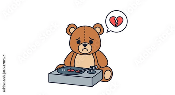 Fototapeta Lonely teddy bear playing mournful melodies on a vintage record player lamenting heartbreak