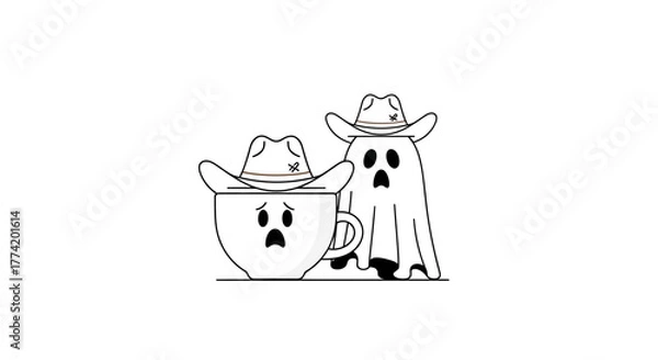 Fototapeta Whimsical illustration featuring a ghostly figure and a mournful teacup donning cowboy hats