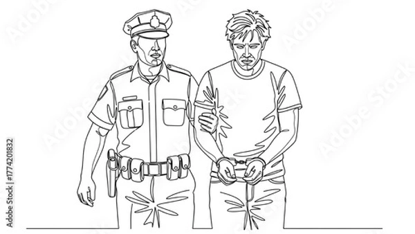Obraz High-Quality Black Continuous Line Art of Suspect Escorted by Police Officer, Handcuffs and Uniform Outlined, Minimal Dramatic Composition