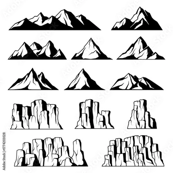 Obraz Collection of vector illustrations showcasing various mountain ranges and rock formations in black and white, presented in a grid arrangement.