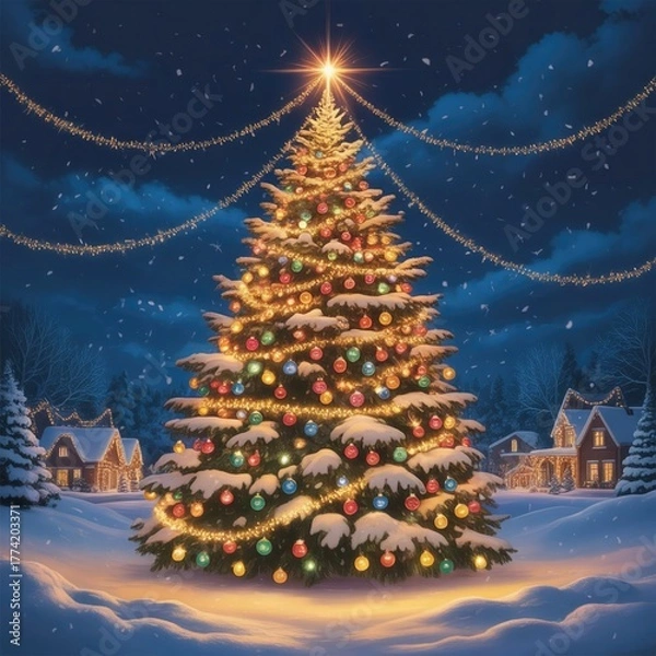 Obraz “Beautifully Decorated Christmas Tree at Night with Lights and Snow – Magical Holiday Scene”