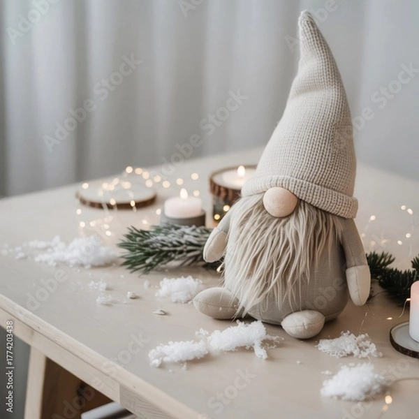 Obraz Cozy Scandinavian Christmas Gnome Decor – Minimalist Nordic Holiday Table Setting