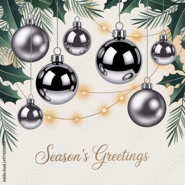 Obraz Elegant Silver Christmas Ornaments Greeting Card – Season’s Greetings Holiday Design