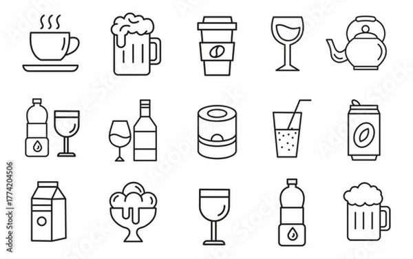Fototapeta Drink Icon Set – Beverage, Coffee, and Cocktail Line Vector Collection