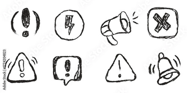 Obraz Doodle Attention Sign Icon Set – Hand-Drawn Caution and Warning Symbols Vector Collection