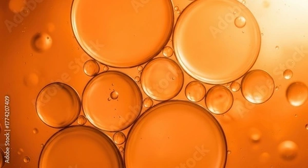 Fototapeta Abstract orange background with floating oil droplets and spheres