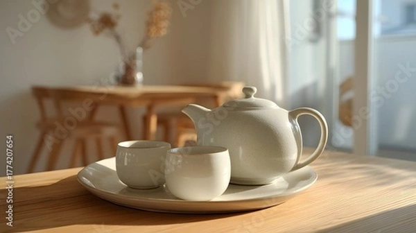 Fototapeta Elegant Tea Set on Wooden Table in Minimalist Interior Design