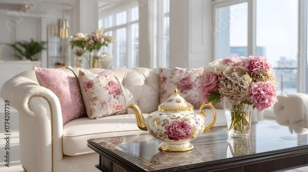 Fototapeta Elegant Teapot and Bouquet in Luxurious Living Room Setting