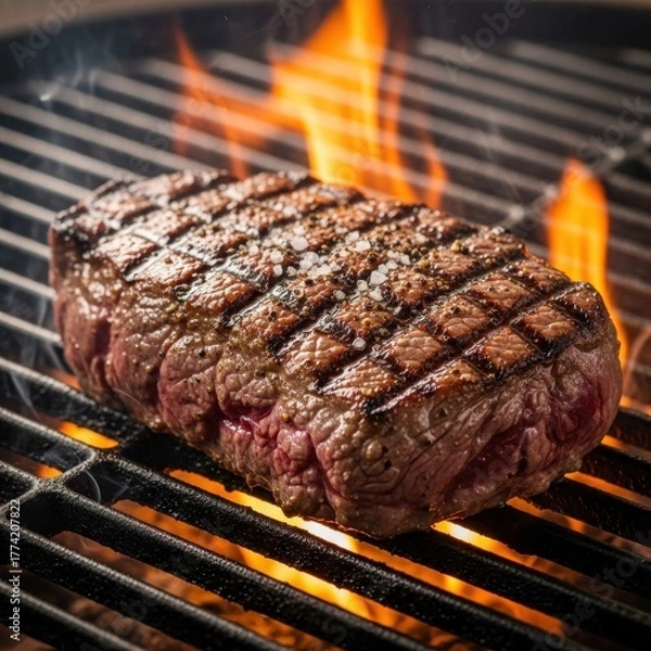 Fototapeta Juicy steak sizzling on the grill with flames licking the surface