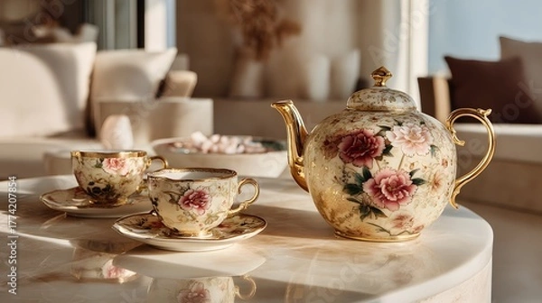Fototapeta Elegant Tea Set with Floral Design on Marble Table in Soft Light