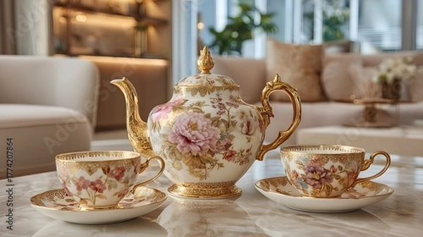 Fototapeta Elegant porcelain tea set with floral design and golden accents