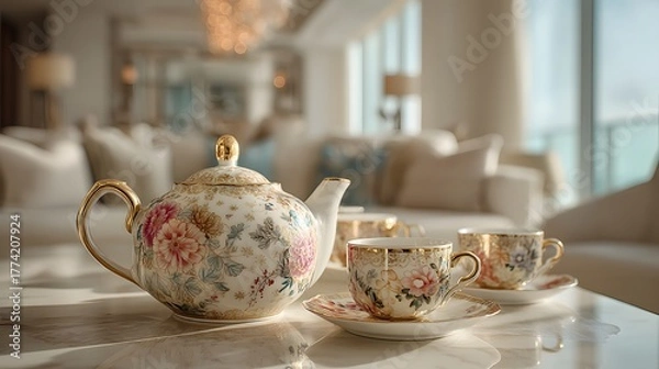 Fototapeta Elegant Vintage Teapot and Teacups with Floral Design in Luxurious Setting