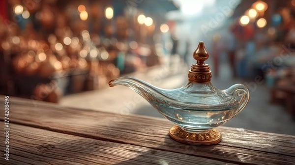 Fototapeta Enchanted Glass Lamp on Rustic Table in Vibrant Marketplace Setting