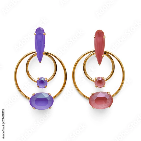 Obraz Ear rings-fancy earring-new design-beautiful-modern earring-stylish-round earring-fashionable-model earring-modular-purplre-red-white background.