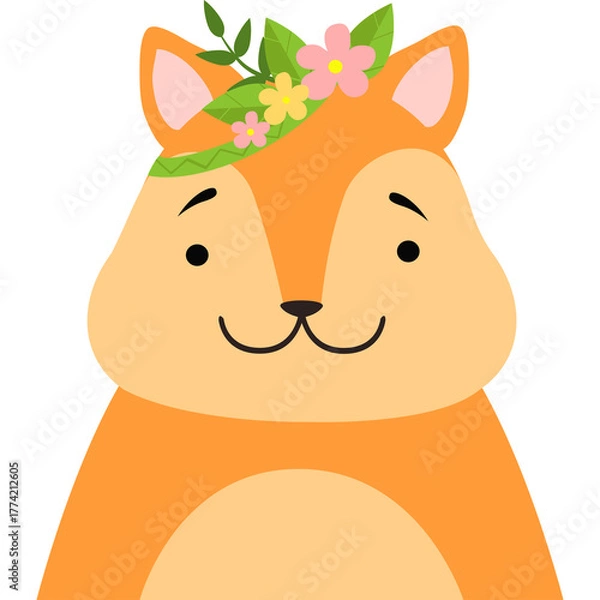 Fototapeta Adorable Cartoon Fox Wearing a Flower Crown with Green Leaves Against a Transparent Background and Soft Features