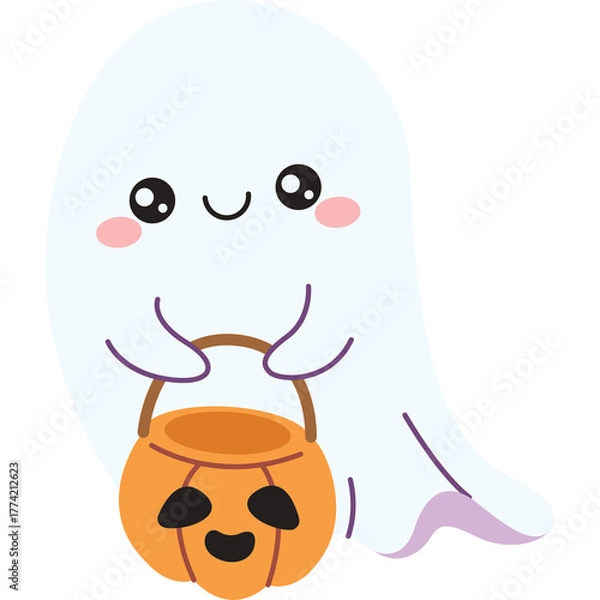 Obraz Adorable cartoon ghost holding a smiling jack-o-lantern trick or treat bucket with blush cheeks and wide eyes on a transparent background
