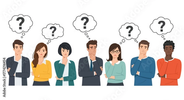Obraz Diverse Group Thinking Question Marks - Flat Vector Illustration