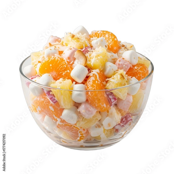 Fototapeta Bright, cheerful ambrosia salad with mandarin oranges, pineapple, marshmallows, coconut in a glass bowl. Ideal for Easter, Thanksgiving, summer gatherings, potlucks, or dessert menus.