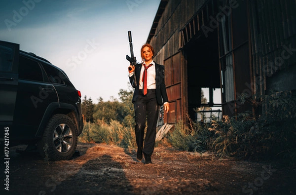 Obraz Redhead woman in a suit with a rifle. Special agent.