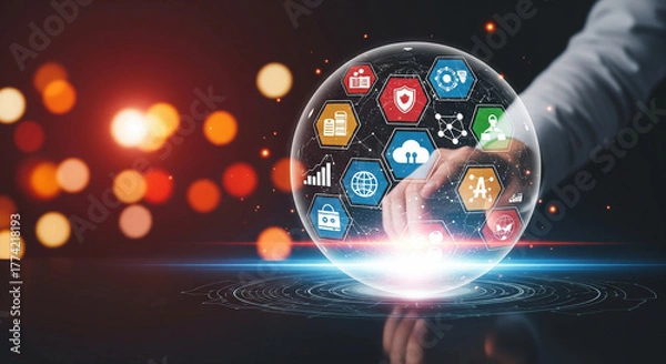 Fototapeta A person's hand managing a digital ecosystem of services through a futuristic holographic interface with icons for security and cloud data