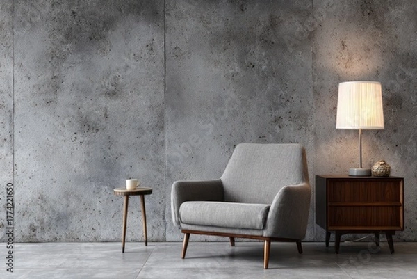Obraz Comfortable armchair with side table and lamp against textured wall.