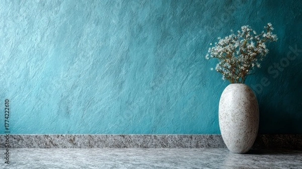 Obraz A textured teal wall forms a backdrop for a speckled vase with delicate white flowers.