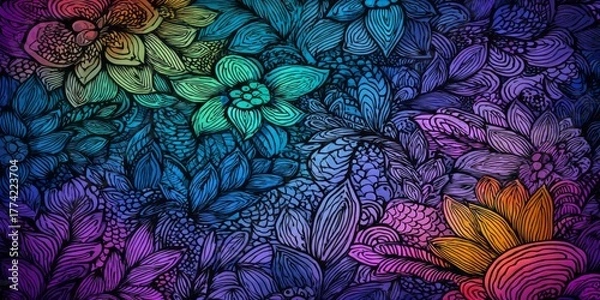 Fototapeta Vibrant floral pattern with a rainbow gradient across stylized blooms.