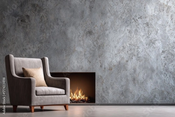 Obraz Comfortable armchair placed before a modern fireplace with a textured wall.