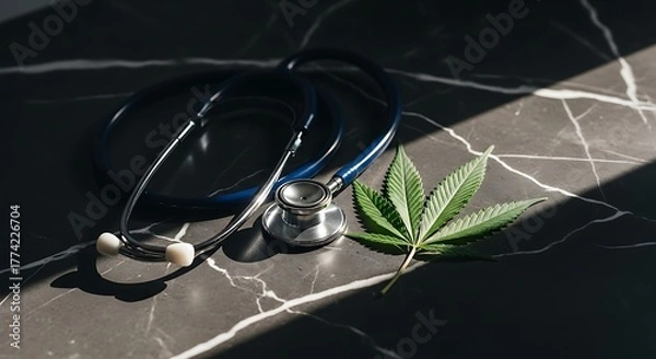 Fototapeta Stethoscope and Cannabis Leaf on Marble Surface in Sunlight.