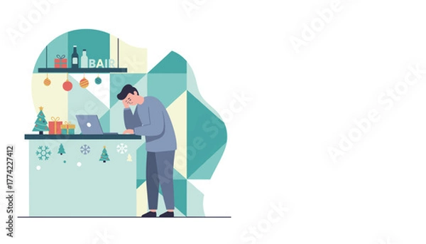 Fototapeta Stressed worker on laptop at festive bar counter Holiday pressure or deadline concept