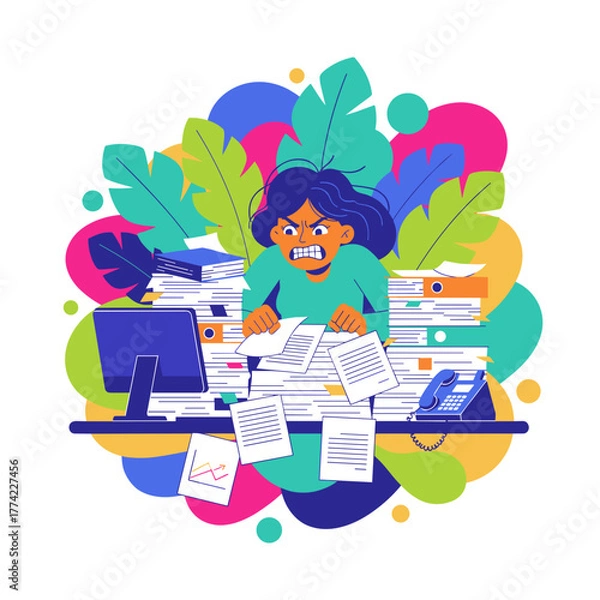 Fototapeta Angry businesswoman struggling with excessive workload and office stress illustration