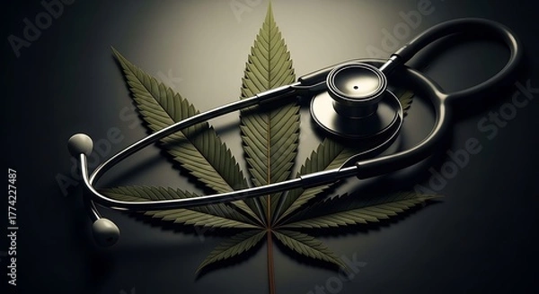 Fototapeta Medical Stethoscope on Cannabis Leaf Symbolizing Healthcare and Alternative Medicine.