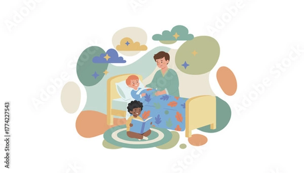 Fototapeta Dad tucks one child into bed while another reads on the floor Cozy family bedtime routine