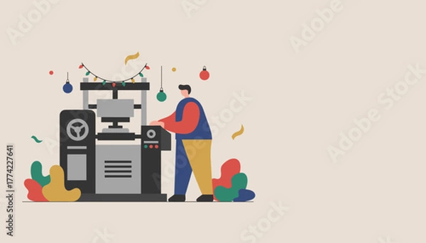 Fototapeta Worker operating a factory machine decorated for Christmas production