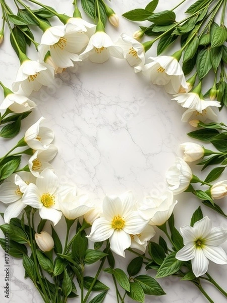 Fototapeta Delicate white flowers with yellow centers and vibrant green leaves are arranged in a circular frame on a textured white marble background, creating soft elegance.