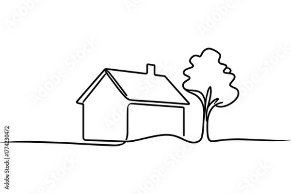 Fototapeta Minimalist one line house with tree illustration, continuous line art home design on white background