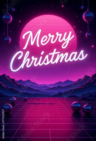 Fototapeta Retro futuristic Merry Christmas design with neon pink sun, glowing typography, metallic ornaments, and mountain landscape. Synthwave holiday background perfect for festive digital art and greeting ca