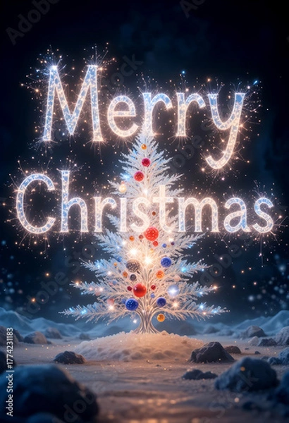 Fototapeta Glowing Christmas tree with sparkling lights and ornaments under a night sky, with “Merry Christmas” written in shining light. Festive winter holiday background with magical atmosphere.
