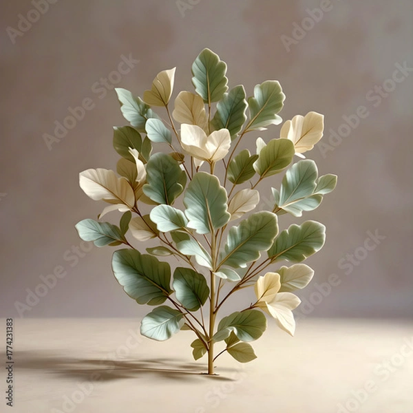 Fototapeta Minimalist 3D illustration of a plant with soft green and beige leaves on a neutral background. Elegant botanical artwork symbolizing nature, growth, and tranquility in modern interior design style.