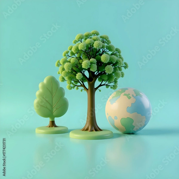 Fototapeta 3D illustration of green trees and a globe symbolizing environmental protection, sustainability, and eco-friendly living on a turquoise background with clean minimalist composition.