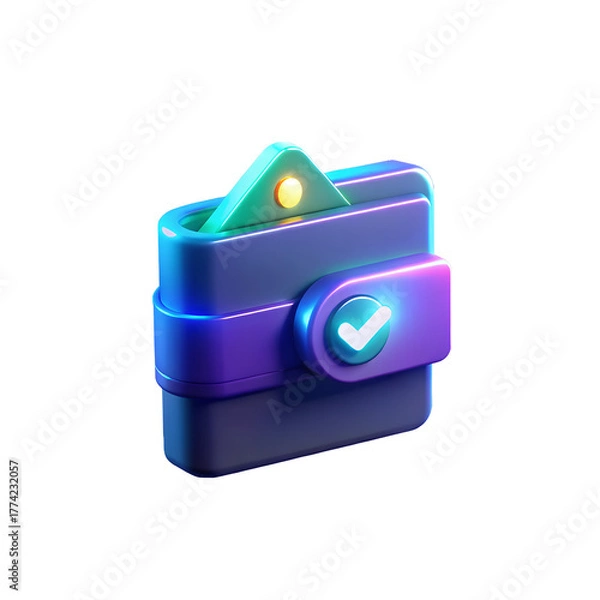 Obraz 3D Rendered Wallet Icon with Checkmark and Money Symbol Illustrates Secure Digital Payment, Financial Transaction, or E-commerce Shopping