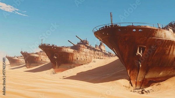 Obraz Deserted ships lined on sand under bright sky